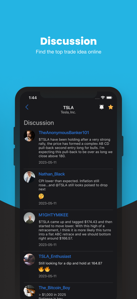 Fórum de discussão da comunidade para análise de ações da Tesla no aplicativo Stock Screener