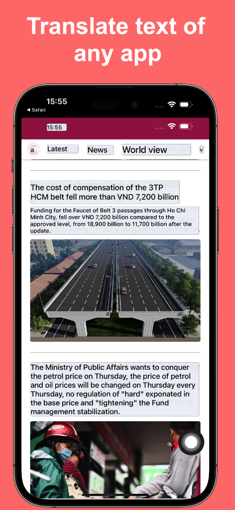 A smartphone screen showing a news article translated into English using the EZ Screen Translator app