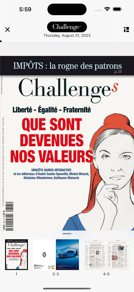 Capture d'écran de l'application du magazine Challenges affichant la couverture numérique d'un numéro hebdomadaire