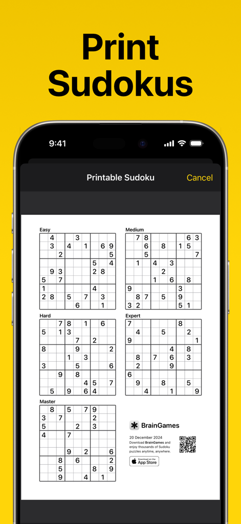 Sudoku Logic Puzzle BrainGames - A mobile screen showing the printable Sudoku feature with grids of varying difficulty levels.