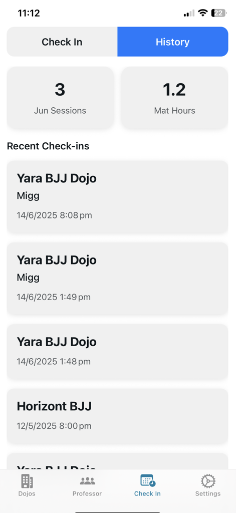 Mobile app screen showing training session history and total mat hours for a martial arts student