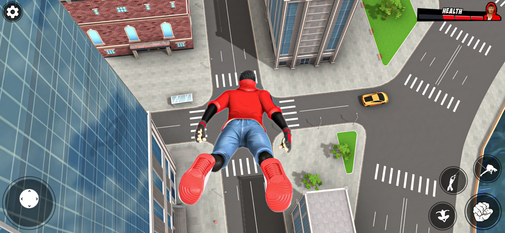 Personagem de super-herói em um capuz vermelho pulando de um arranha-céu em uma cidade de mundo aberto