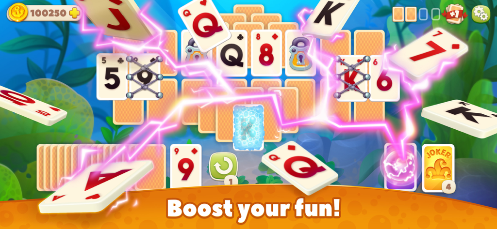 Undersea Solitaire Tripeaks - Gameplay screenshot of Undersea Solitaire Tripeaks featuring card boosters and lightning effects.