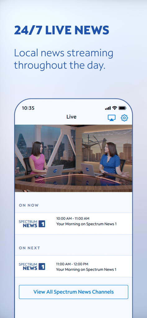 Spectrum News: Local Stories - Spectrum News mobile app interface showing a 24/7 live local news broadcast with a program schedule