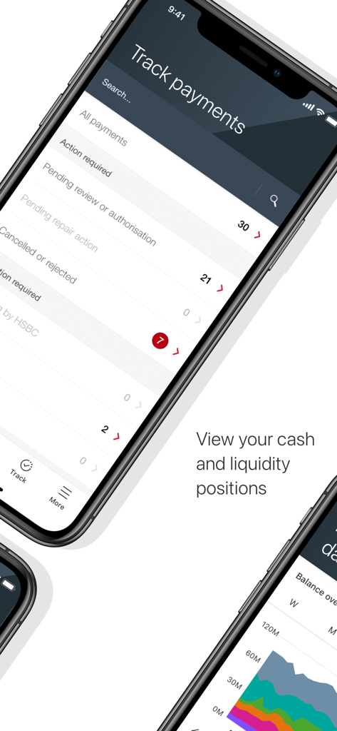 Interface de l'application mobile HSBCnet pour le suivi des paiements et la consultation des positions de trésorerie.
