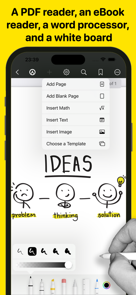 Aı Note Taker - Voice Notes - Interfaz de pizarra digital en la aplicación AI Note Taker mostrando un boceto escrito a mano de ideas desde el problema hasta la solución
