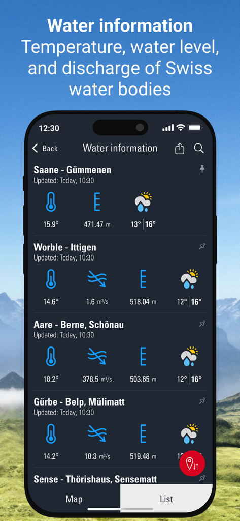 Weather Alarm: Switzerland - Interfaz de la aplicación Weather Alarm Switzerland que muestra datos de nivel de temperatura del agua y descarga para varios ríos suizos