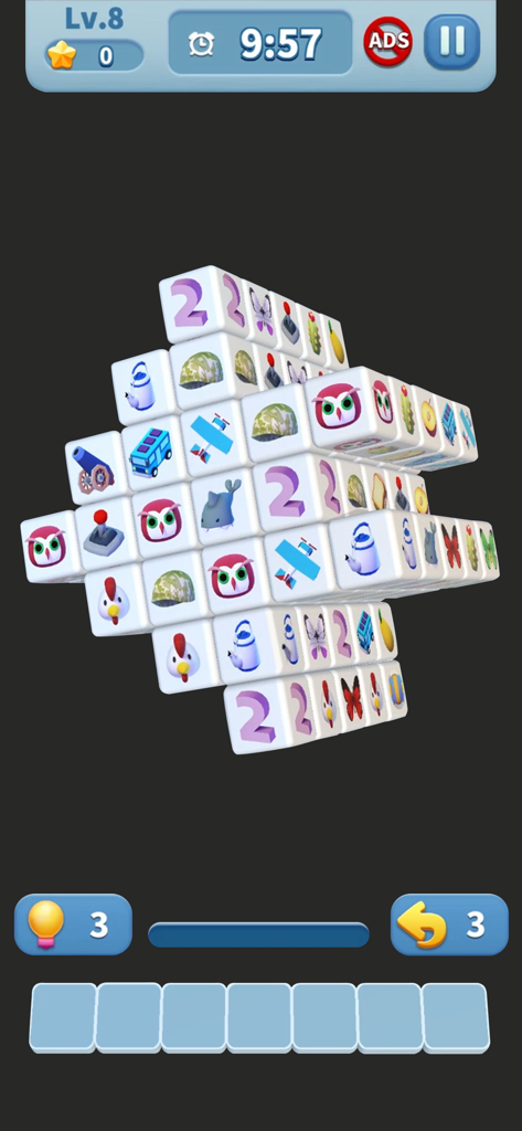 A rotatable 3D cube featuring various illustrated tiles in a match-three puzzle game.