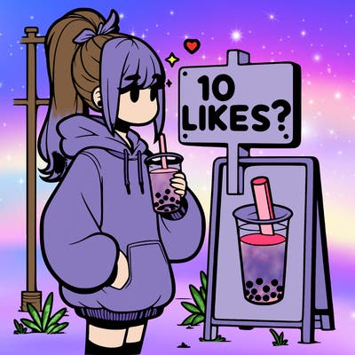 girl with oversized hoodie drinking boba and she has a high ponytail with a sign that says 10likes?