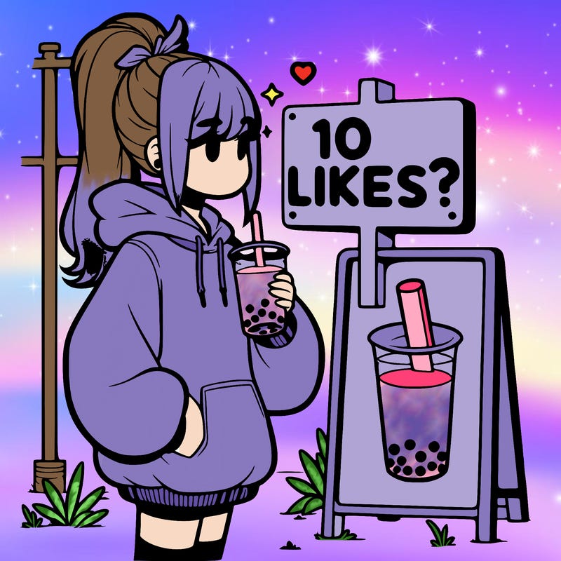 girl with oversized hoodie drinking boba and she has a high ponytail with a sign that says 10likes?