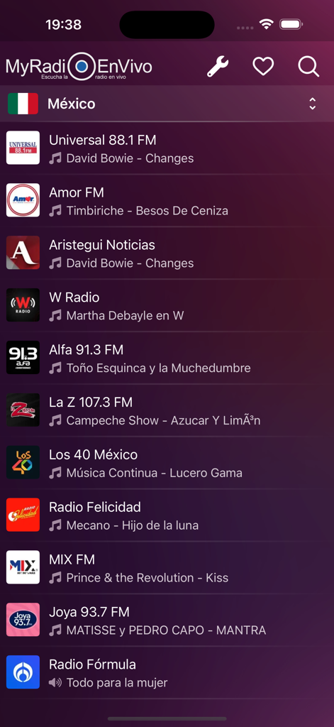 Mobile app interface displaying a list of live Mexican radio stations with current song information