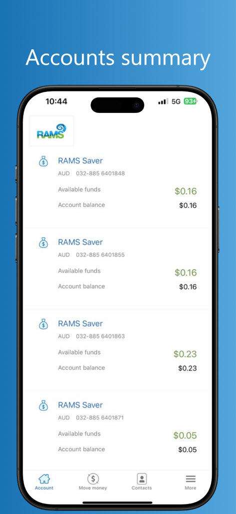 RAMS Financial Group Pty Ltd - The myRAMS mobile banking app accounts summary screen displaying multiple RAMS Saver accounts with their available funds and account balances in AUD.