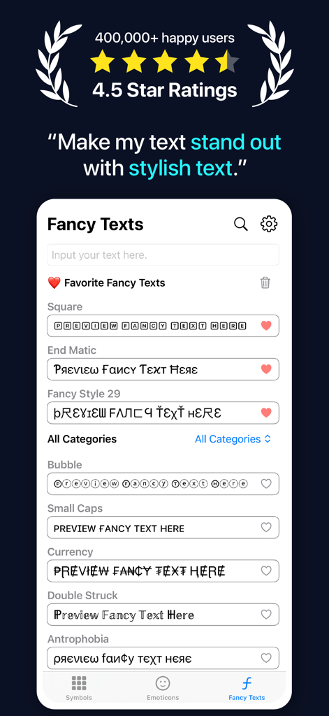 All Symbol Keyboard Fonts Art - Mobile app screenshot showing different fancy text styles and fonts for social media customization