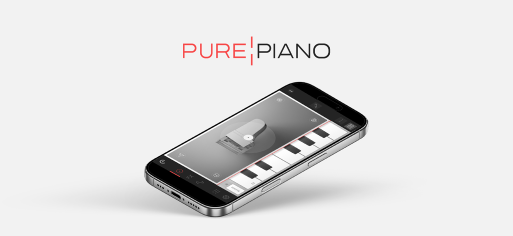 Pure Piano - Grand Piano App - iPhone showing the Pure Piano app interface with a virtual grand piano and keyboard