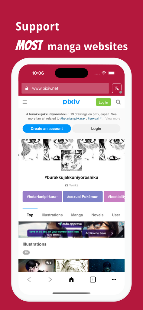 Manga Translator - Manga Translator app interface showing built-in browser support for translating manga websites