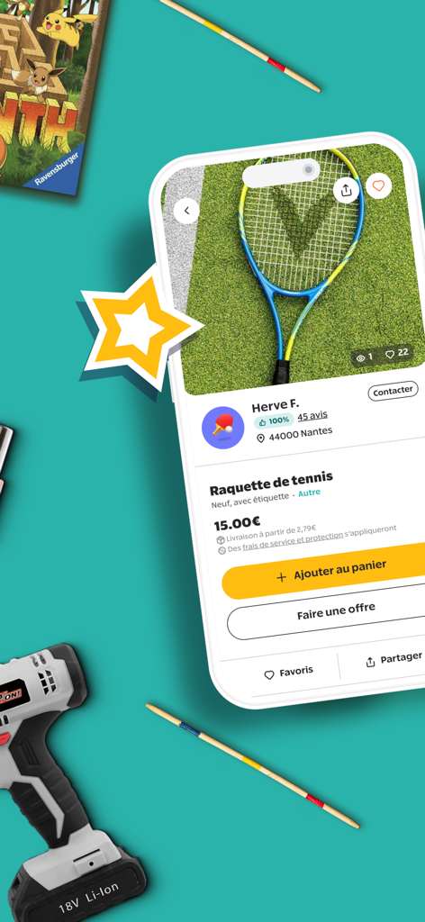 Product listing for a second hand tennis racket on the Beebs app