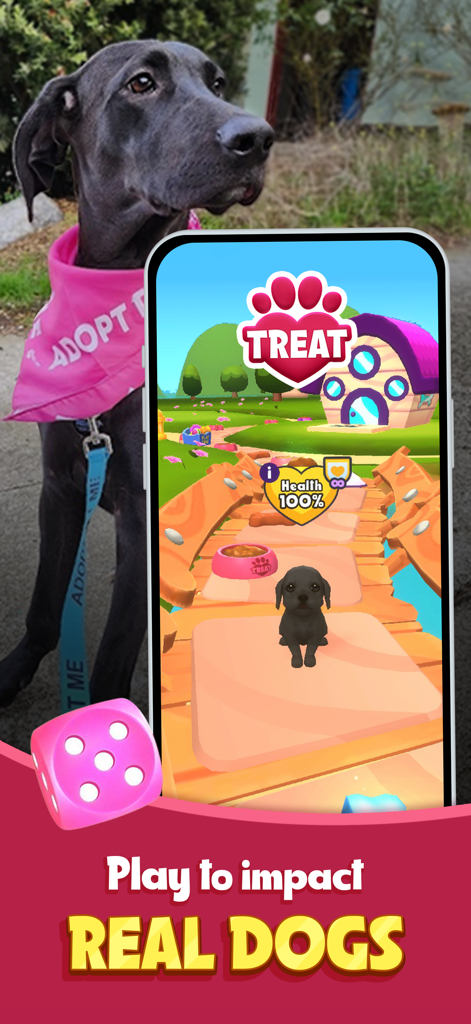 TREAT: Play & impact REAL dogs - A mobile game interface showing a virtual puppy and a path, with a background image of a real shelter dog wearing an adopt me bandana.
