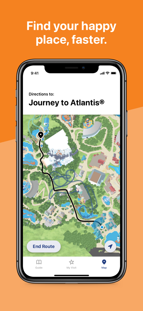 SeaWorld - シーワールドモバイルアプリに、ジャーニー・トゥ・アトランティスへの徒歩での経路が表示されたインタラクティブパークマップが表示されています。