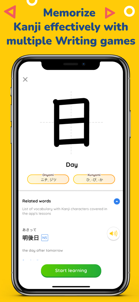MochiKanji - Learn Japanese - Pantalla de la app MochiKanji que muestra un juego de escritura de Kanji para el carácter Día con lecturas Onyomi y Kunyomi