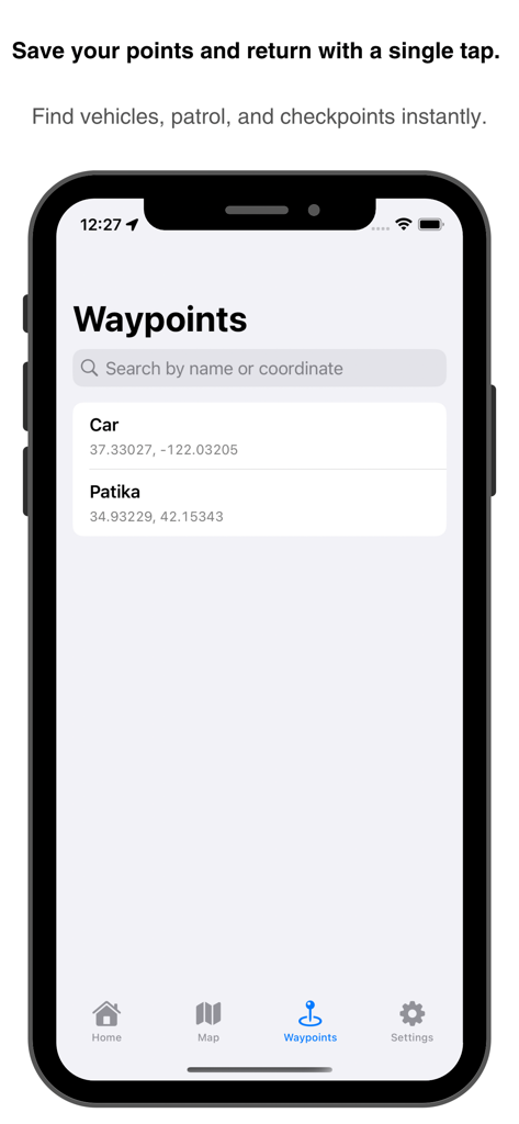 Waypoints management screen in MGRS GPS Mapper showing saved locations and coordinates