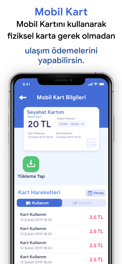 Kentkart - 모바일 앱 화면, 디지털 대중교통 카드 잔액 및 거래 내역 표시