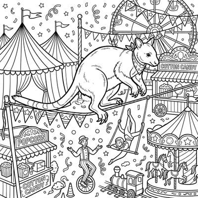 Dive into the vibrant world where a tree kangaroo takes center stage at a bustling carnival! This unique coloring page combines the charm of a rare marsupial with the excitement of a circus spectacle.