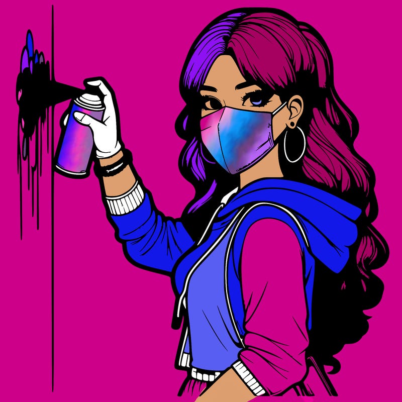 realistic girl with mask spray painting a wall