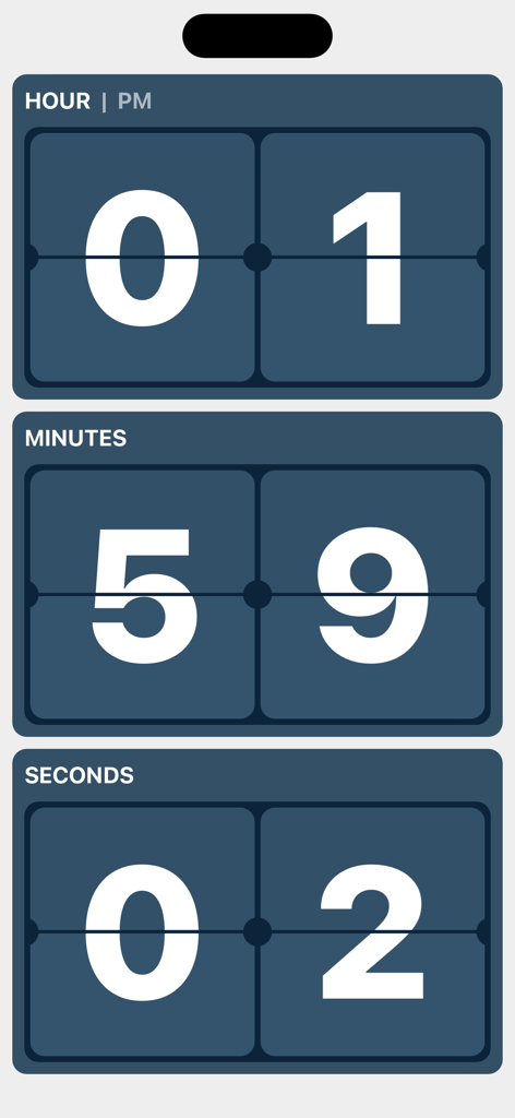 FlipClock: Always On Display - A digital flip clock interface showing hours minutes and seconds in a minimalist blue theme