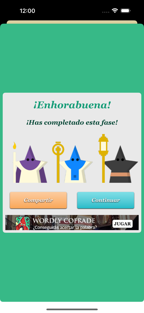 Pantalla de fase completada en Quiz Cofrade Semana Santa con ilustraciones de dibujos animados de nazarenos