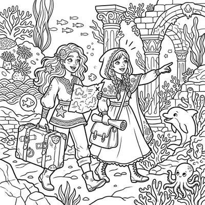 Join two adventurous sea witches as they explore magnificent underwater ruins during their enchanting vacation. This intricate coloring page captures the wonder of oceanic discovery and mystical travel.