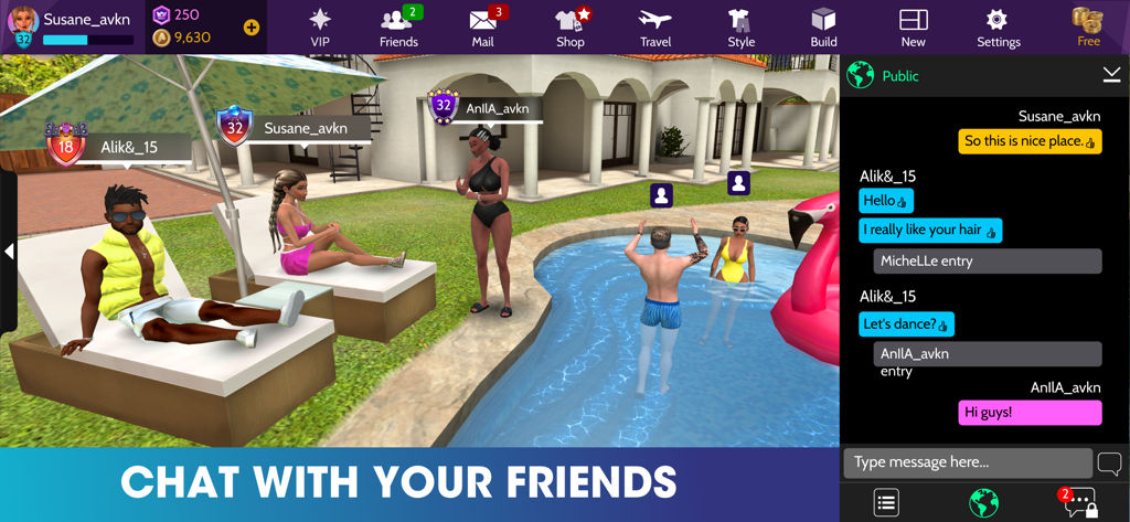 Avatares virtuales de Avakin Life charlando y relajándose en un resort virtual junto a la piscina.