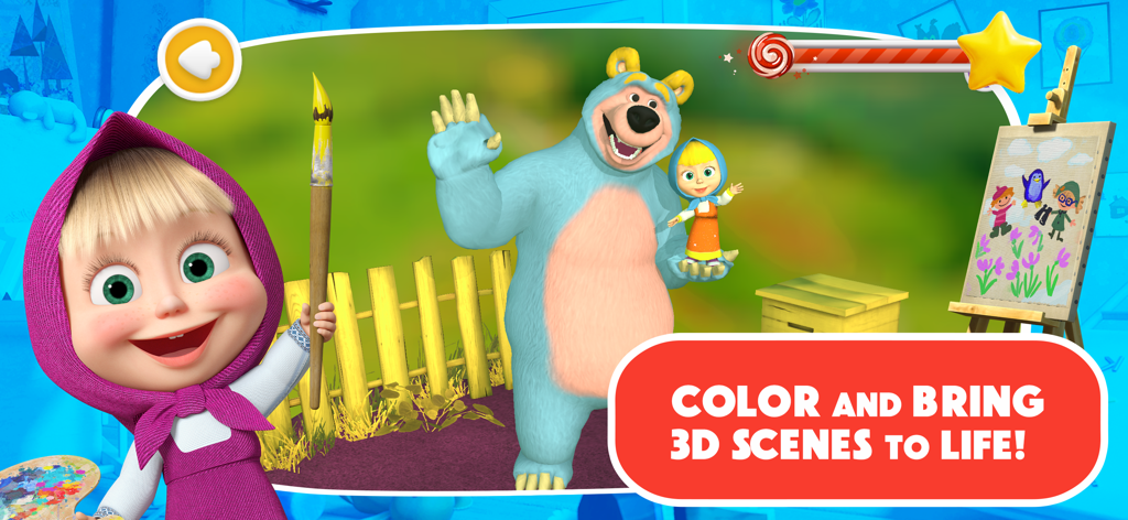 Masha and the Bear: Painting - 3Dの庭のシーンで熊の隣で絵筆を持っているマーシャ。