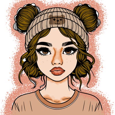 realistic girl with buns in her hair with a beanie on