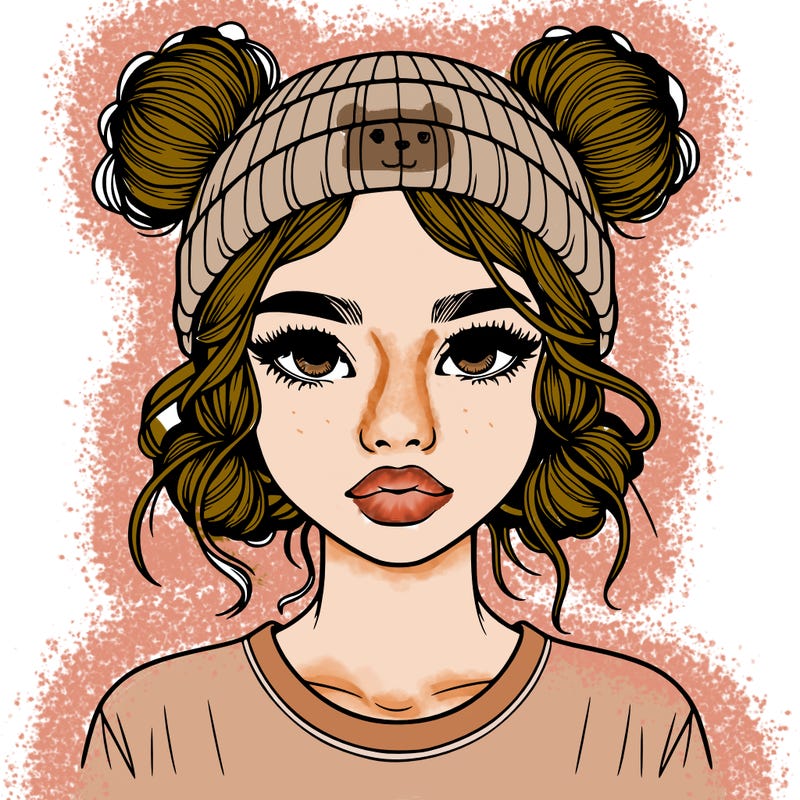 realistic girl with buns in her hair with a beanie on