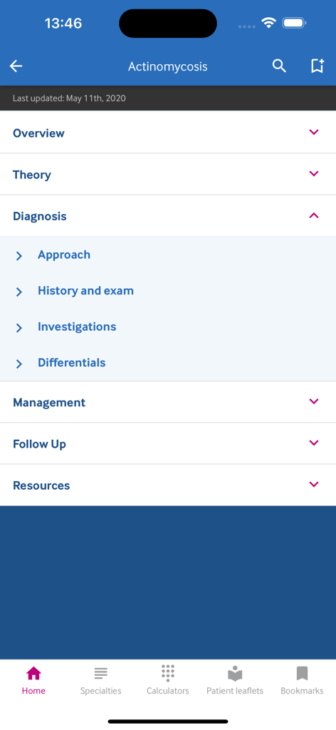 BMJ Best Practice app displaying medical diagnosis steps for actinomycosis