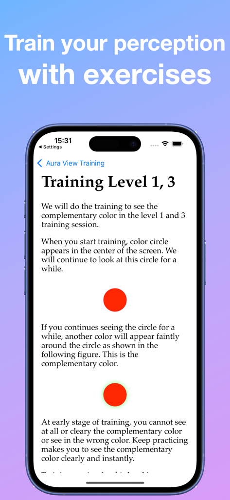 AuraVision app screenshot showing a training exercise to perceive complementary colors.