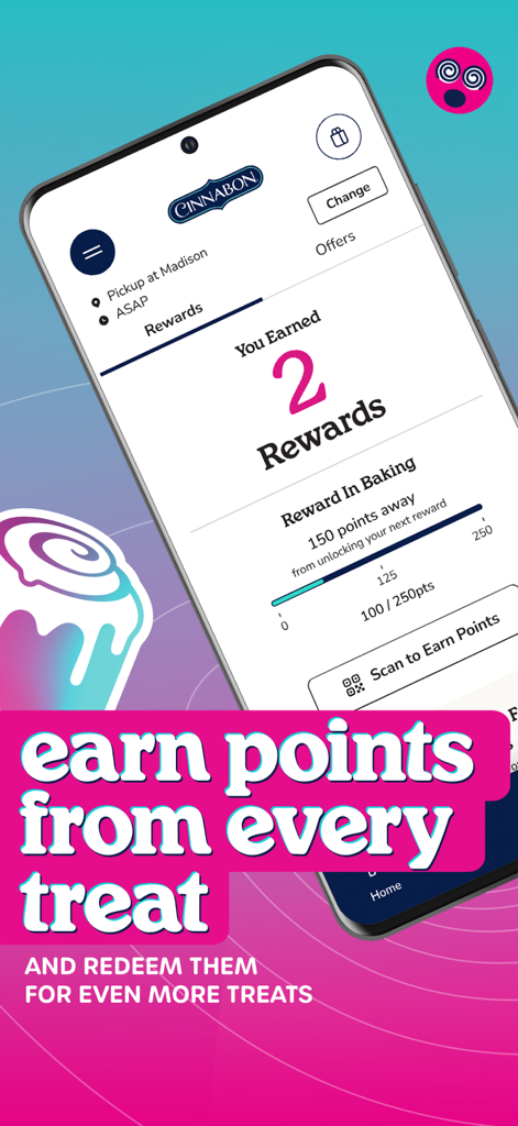 Cinnabon - Cinnabon app rewards screen showing points progress and rewards earned