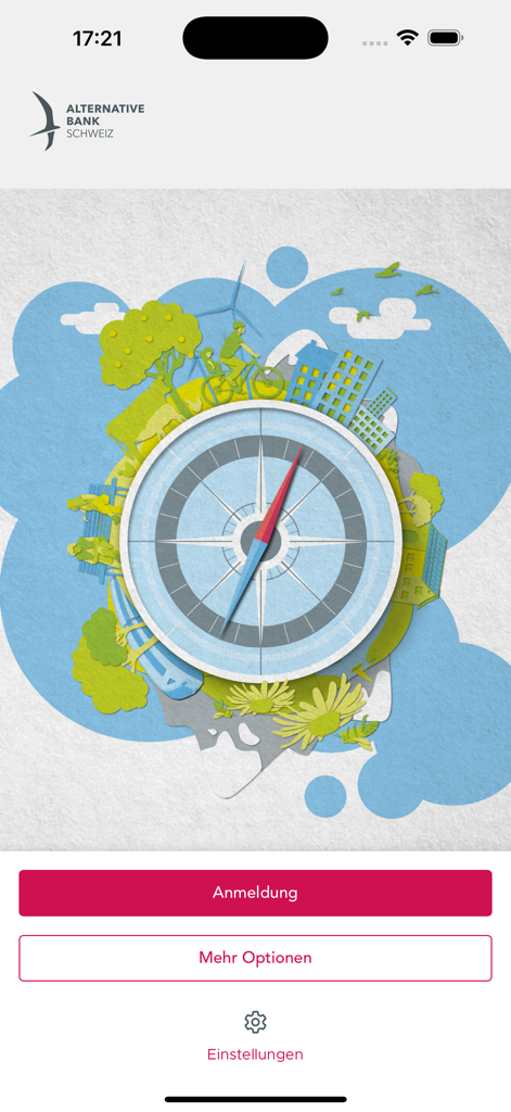 Tela de login do ABS Banking Neu apresentando uma ilustração de bússola com tema de sustentabilidade.