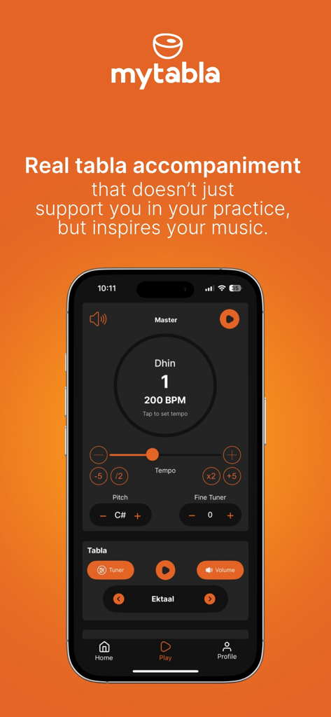 A smartphone displaying the MyTabla app interface with controls for tempo pitch and Hindustani classical music taals