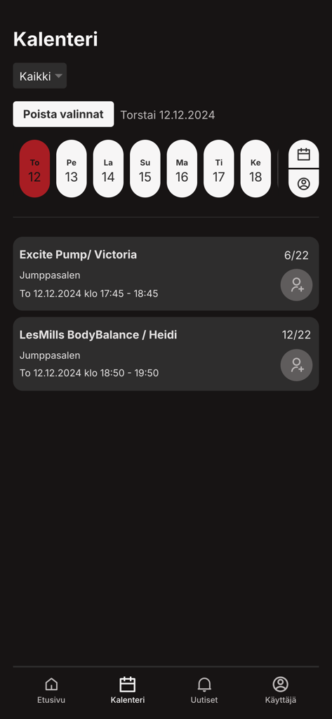 Excite - Exciteモバイルアプリのカレンダー画面。Excite PumpやLesMills BodyBalanceなどのグループフィットネスクラスのスケジュールと予約情報が表示されます。