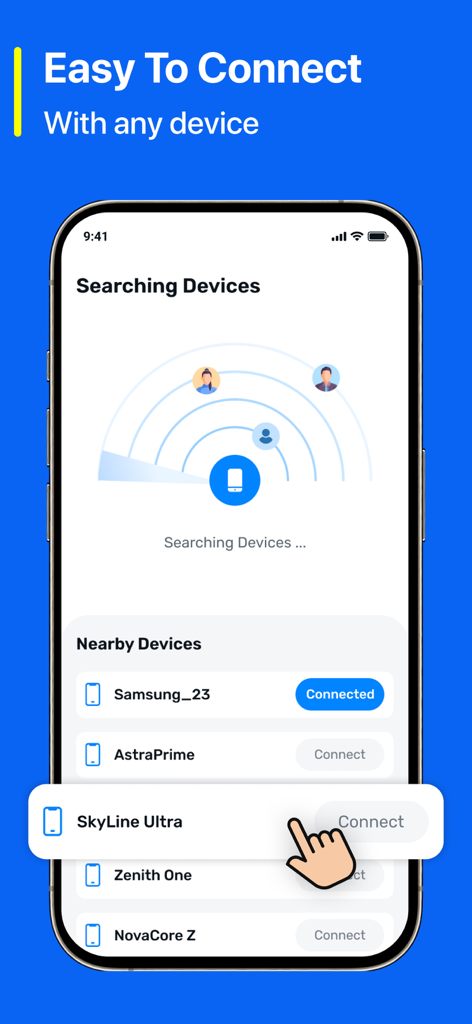 Uma tela de celular do aplicativo Quick Share mostrando uma animação de radar buscando dispositivos próximos e uma lista de smartphones disponíveis para conexão para compartilhamento de arquivos.