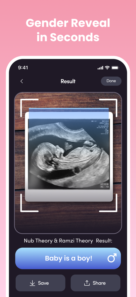 NubX app interface showing a baby boy gender reveal result based on AI ultrasound analysis