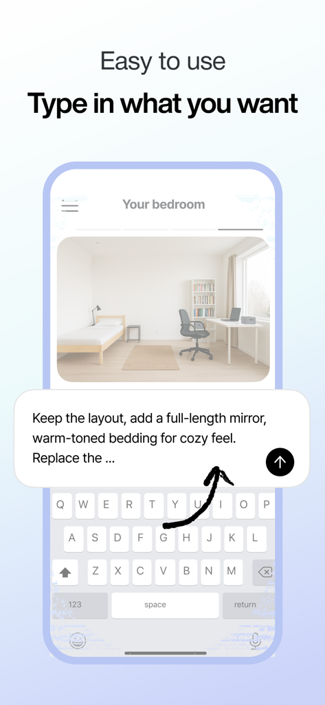 AI Interior & 3D Room Planner - Interfaz de la aplicación Ohouse AI que muestra cómo usar indicaciones de texto para rediseñar un dormitorio con un espejo y ropa de cama en tonos cálidos