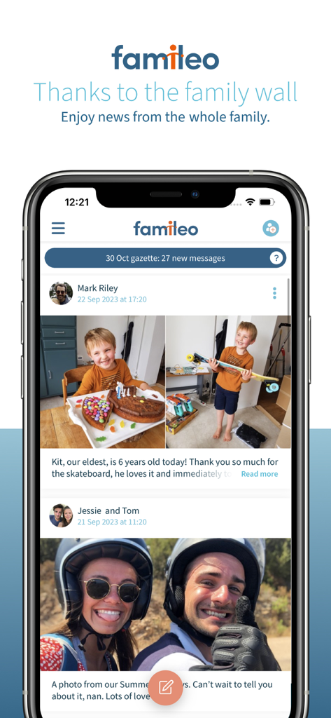 Écran de smartphone affichant le mur familial de l'application Famileo avec des photos d'un anniversaire d'enfant et des nouvelles de la famille.
