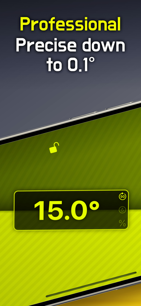 Bubble Level: AR, Angle Finder - Pantalla de smartphone mostrando un nivel digital midiendo un ángulo de 15 grados con alta precisión