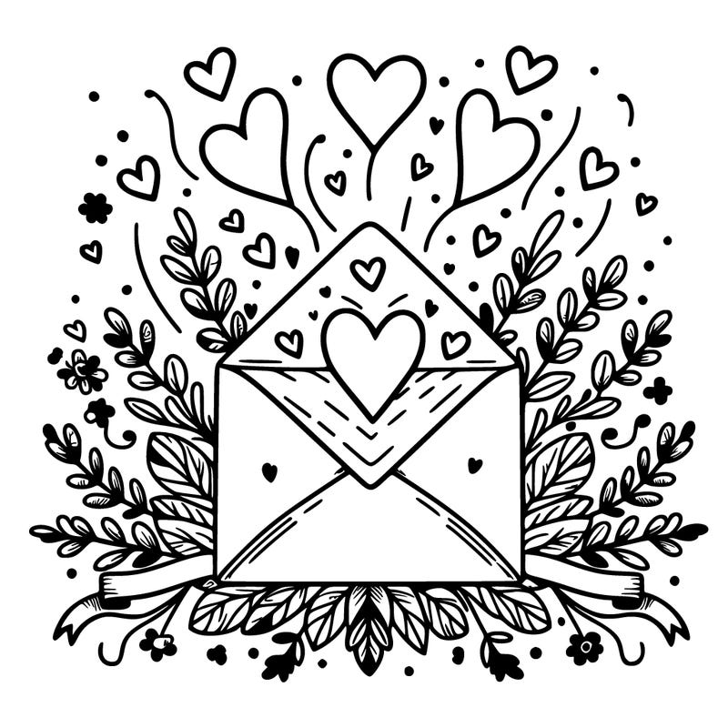 an envelope with hearts floating out of it, surrounded by floral accents or ribbons.