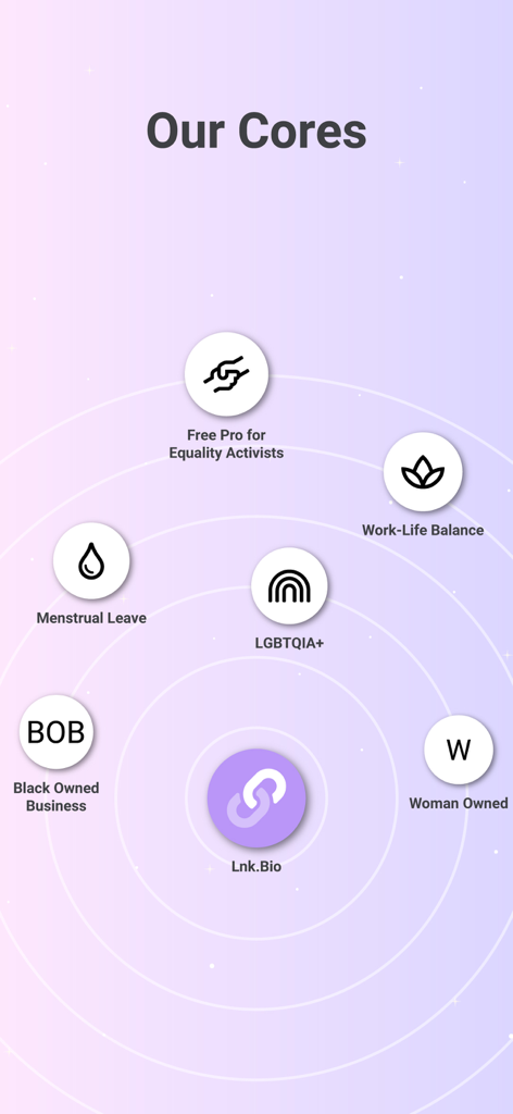Lnk.Bio - Link in bio - Lnk.Bio app screen showcasing company core values like social impact and inclusion.