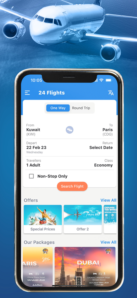 Smartphone display of 24 Flights app with flight search options and travel offers
