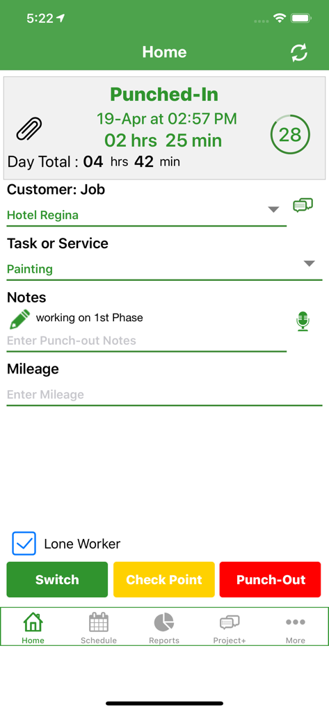 Interface of Timesheet Mobile app showing an active time tracking session for a painting job at Hotel Regina with punch out and mileage entry options