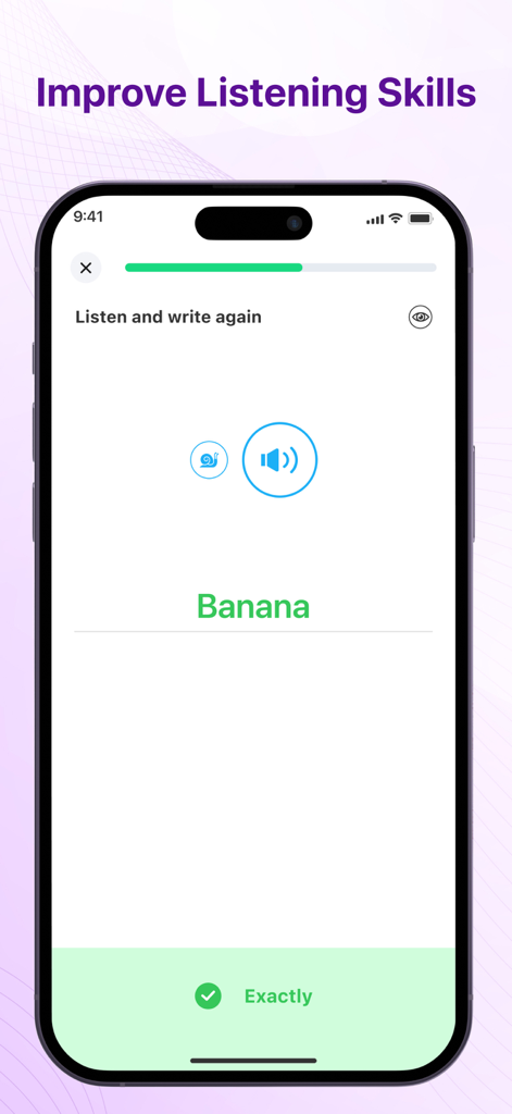 Learn English - 8 words a day - Interface of an English learning app showing a listening and writing exercise